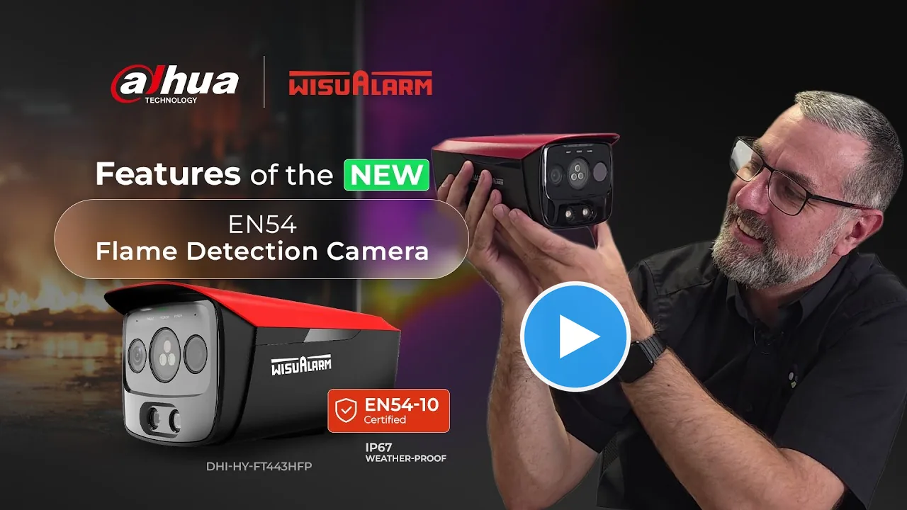 Video thumbnail: Top Features of the NEW Dahua-Wisualarm EN54 Flame Detection Camera, showing the DHI-HY-FT443HFP camera. Play video on YouTube.