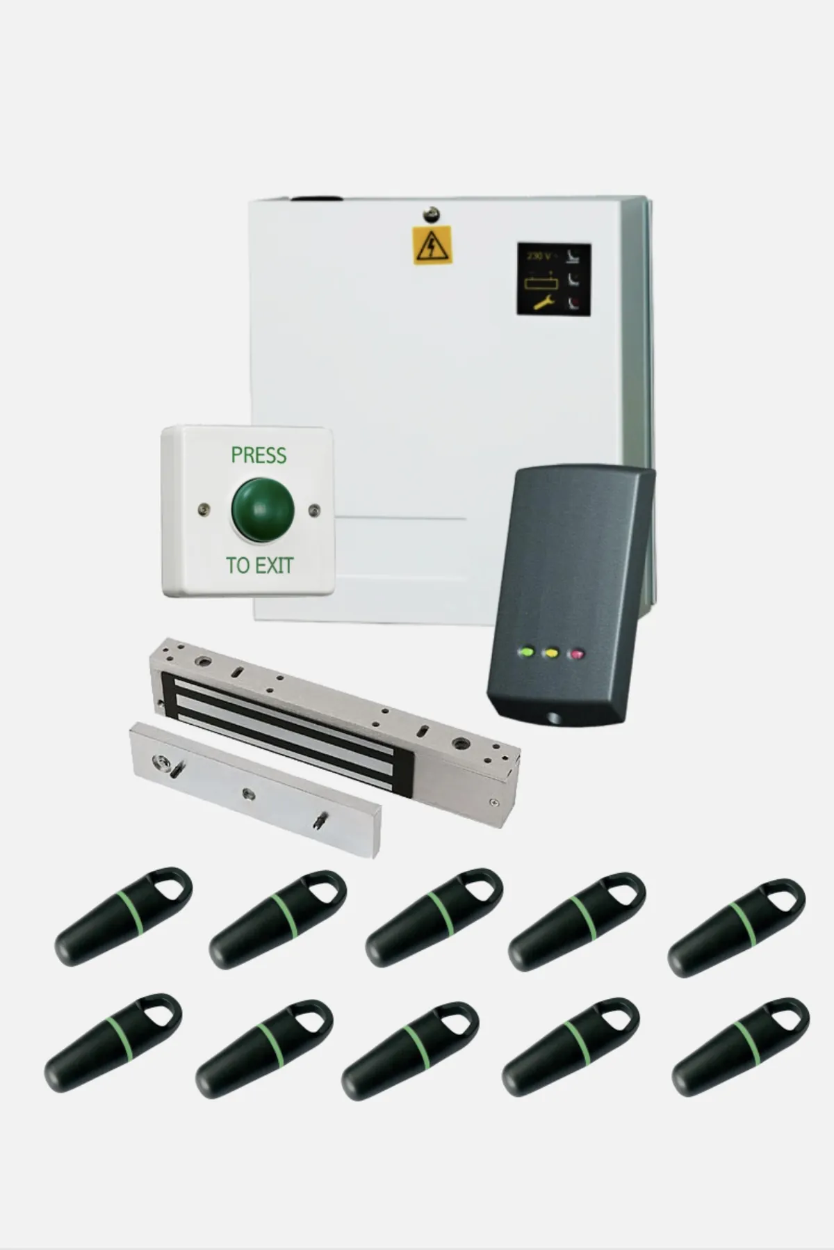 Access control kit with proximity reader, key fobs, magnetic lock, exit button and power supply